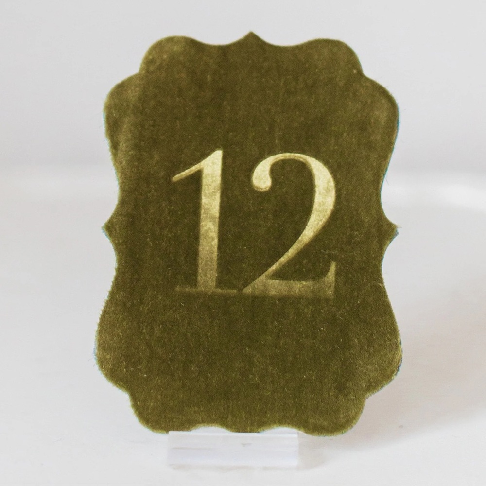 Velvet Raptor Olive Green Velvet Scroll Table Numbers 1-16